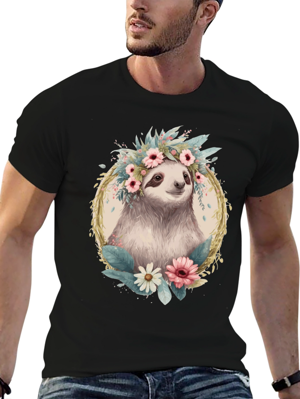 Sloth Floral Crown T-Shirt - Relaxed Comfort
