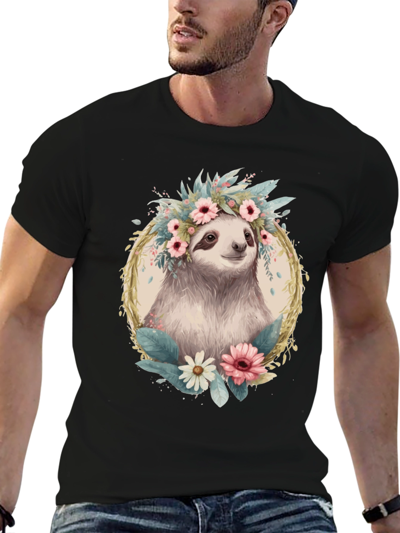 Sloth Floral Crown T-Shirt - Relaxed Comfort