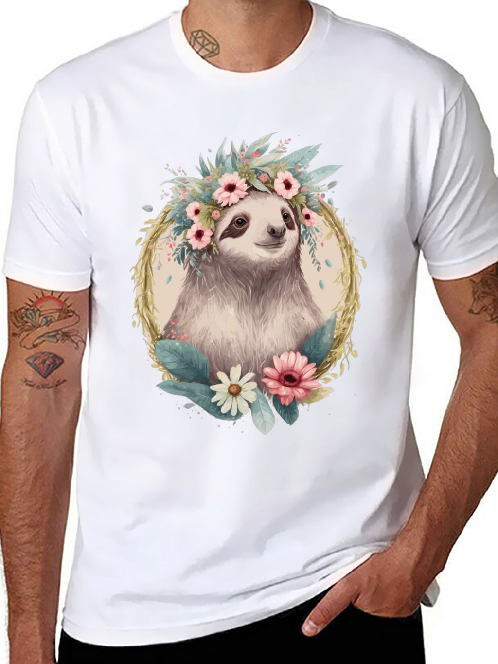 Sloth Floral Crown T-Shirt - Relaxed Comfort