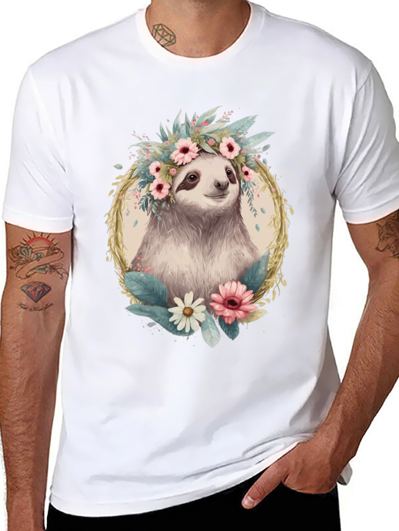 Sloth Floral Crown T-Shirt - Relaxed Comfort