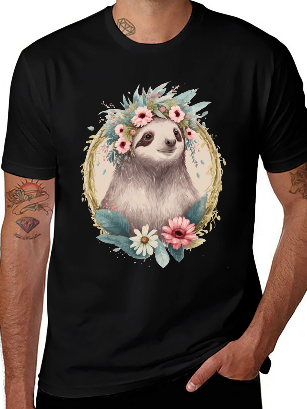 Sloth Floral Crown T-Shirt - Relaxed Comfort