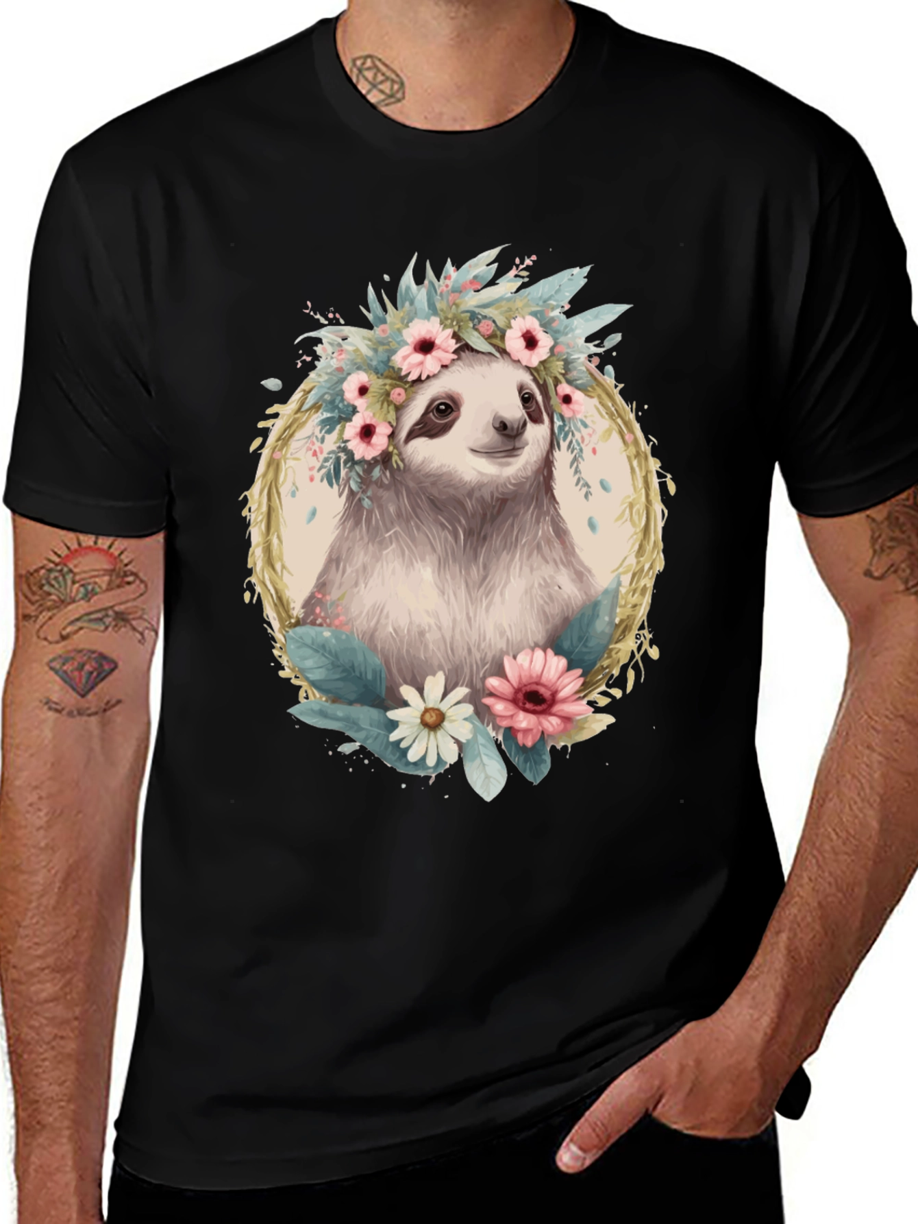 Sloth Floral Crown T-Shirt - Relaxed Comfort