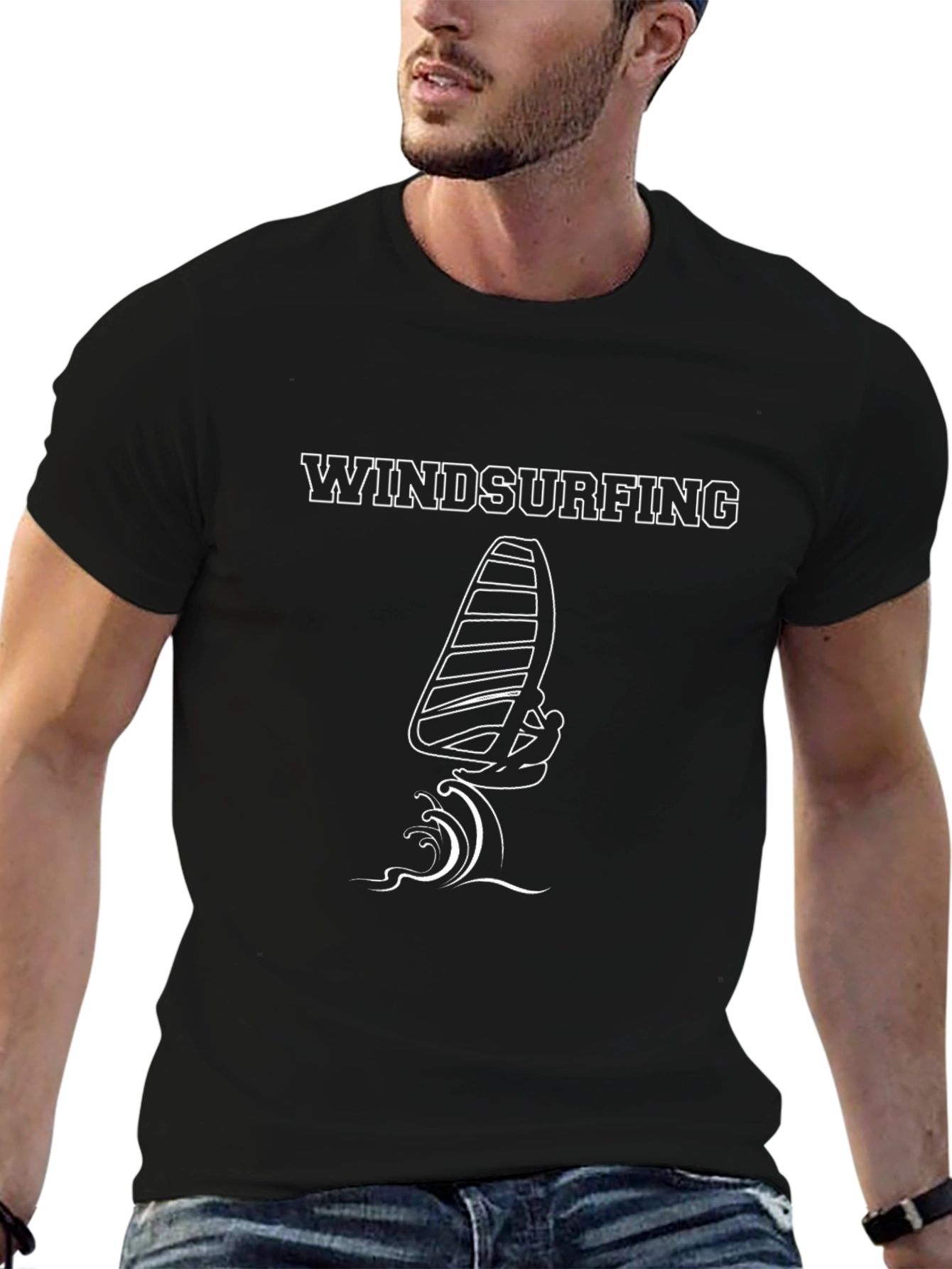 Windsurfing Graphic Tee - Black Cotton T-Shirt