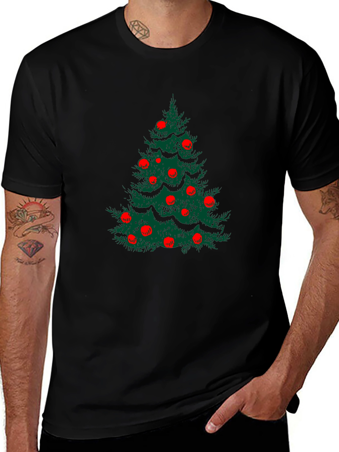 Festive Christmas Tree Graphic Tee - Black