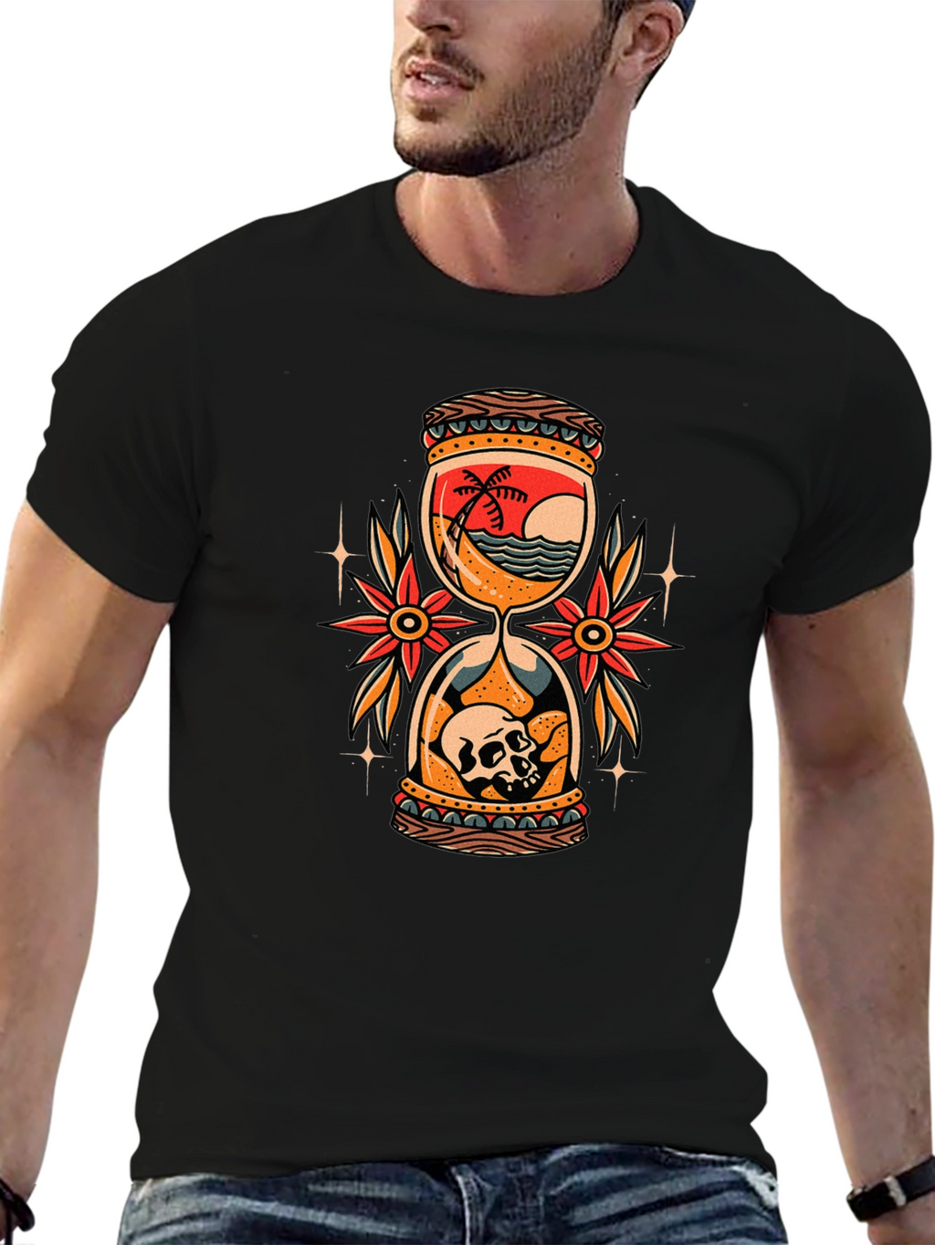 Skull Beach Hourglass Graphic Black T-Shirt