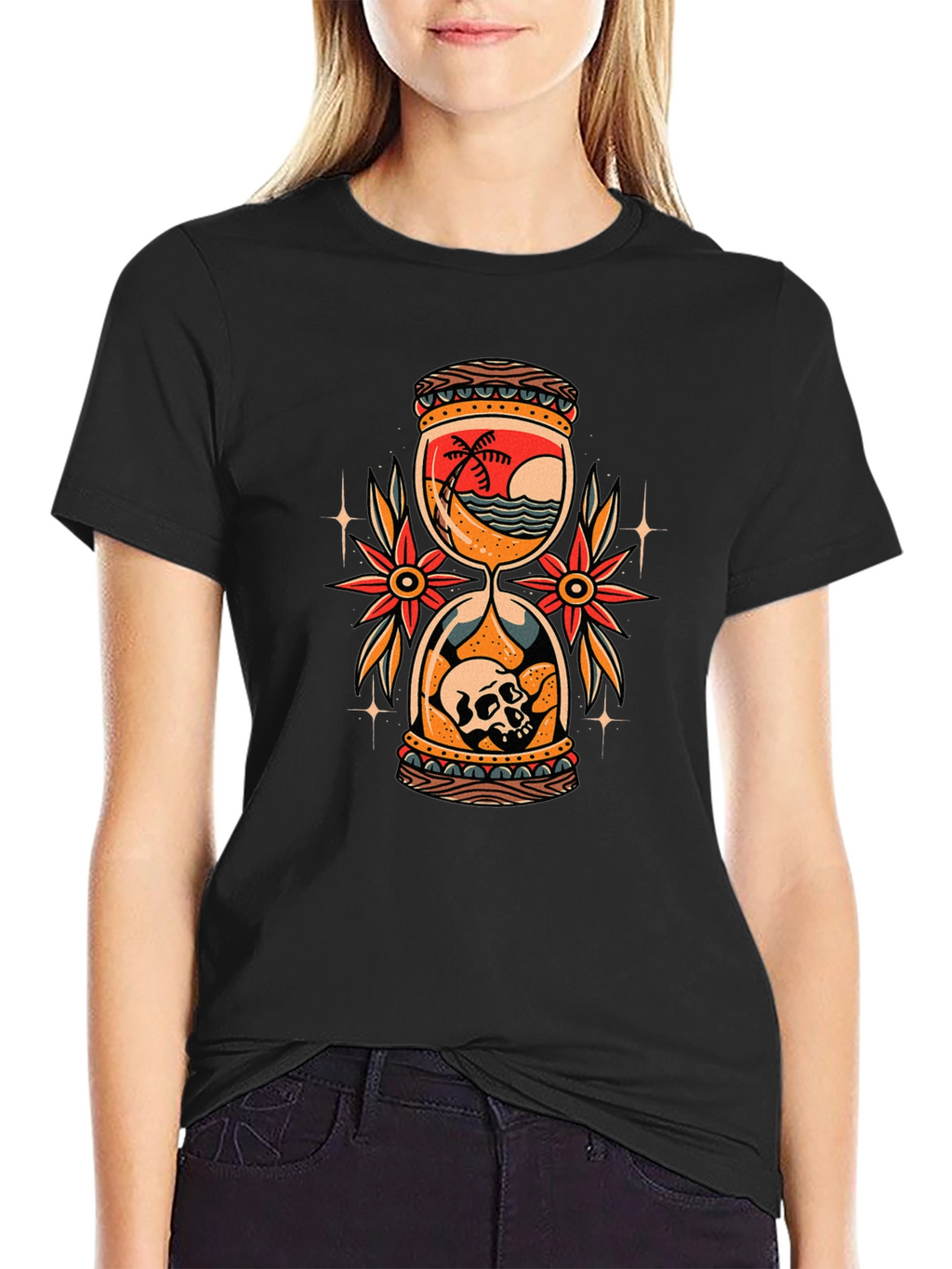 Skull Beach Hourglass Graphic Black T-Shirt