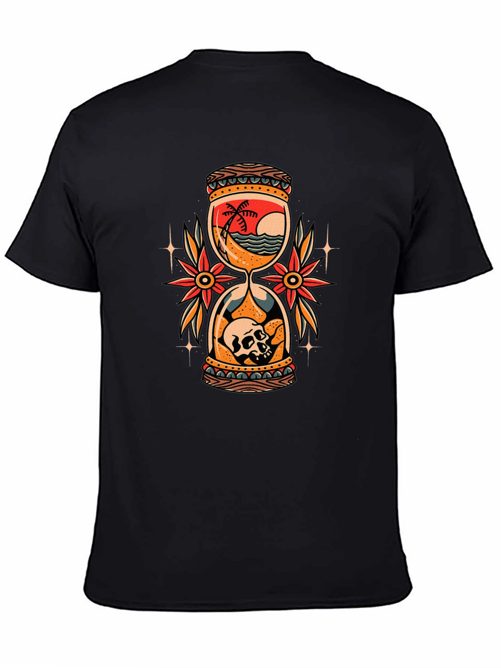 Skull Beach Hourglass Graphic Black T-Shirt