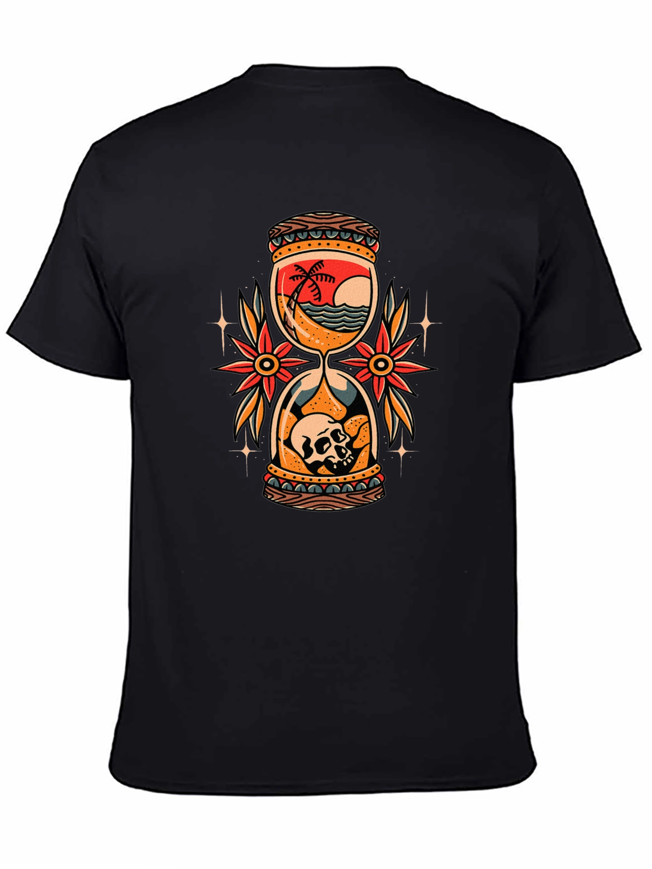 Skull Beach Hourglass Graphic Black T-Shirt