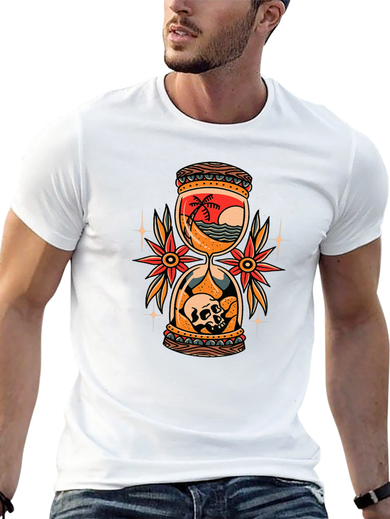 Skull Beach Hourglass Graphic Black T-Shirt