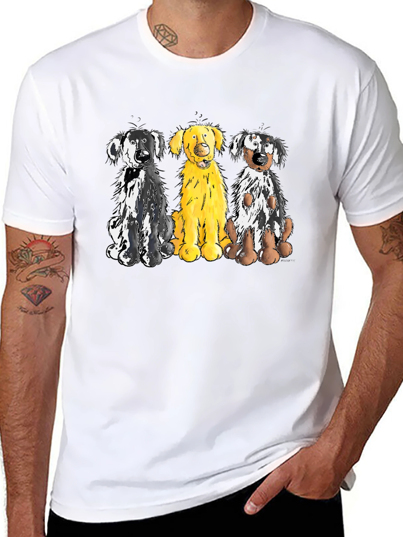 Three Dog Cartoon Graphic T-Shirt