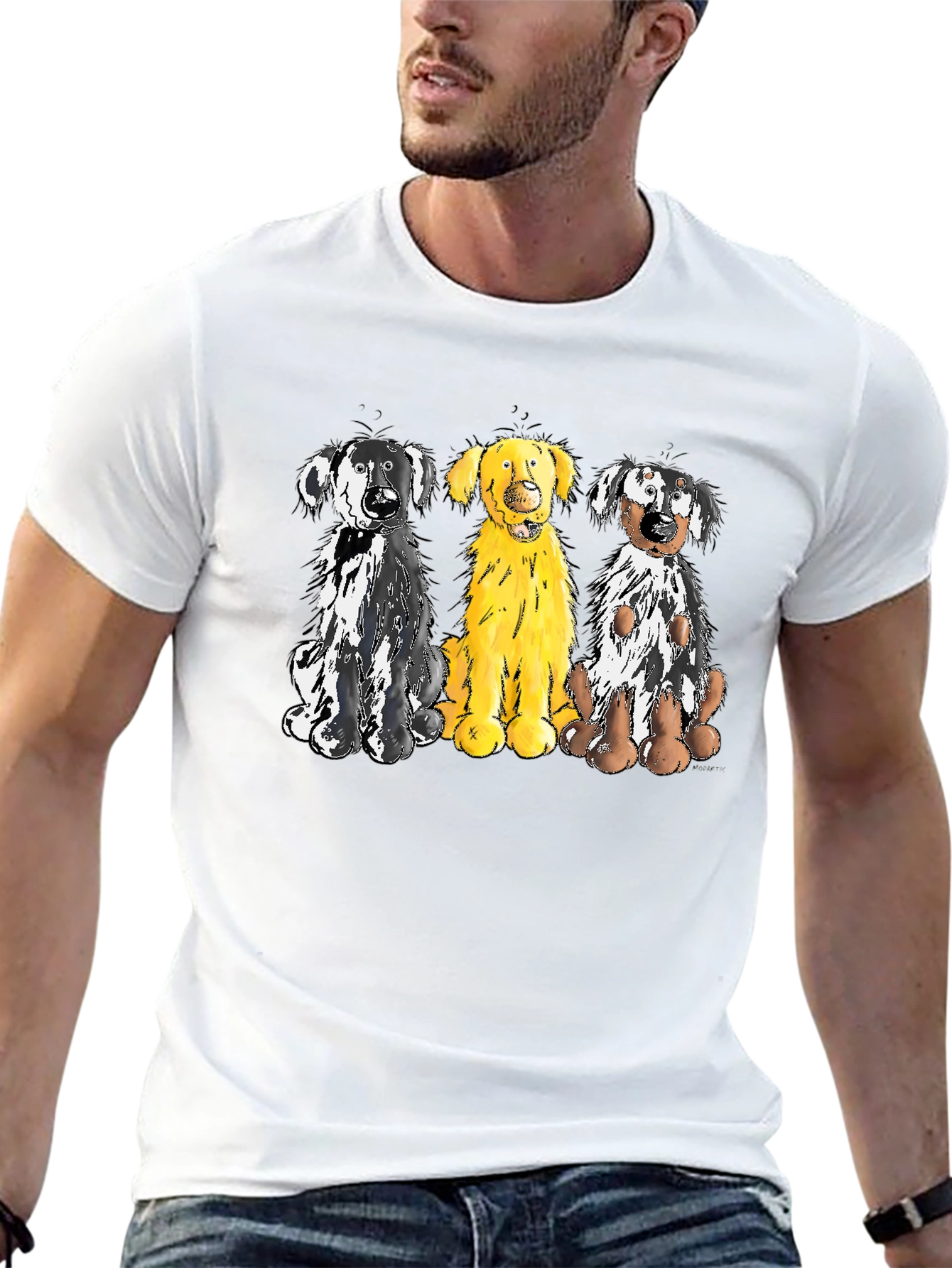 Three Dog Cartoon Graphic T-Shirt