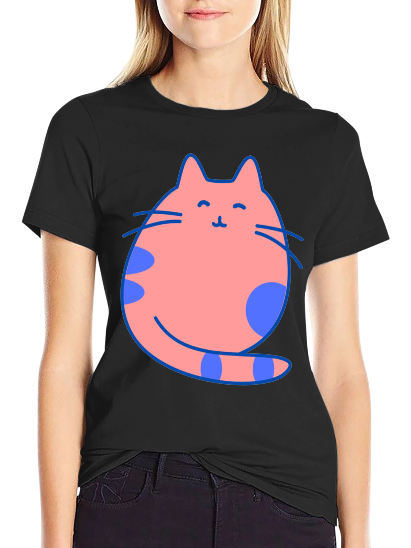 Cute Cat Graphic Tee - Black Cotton Blend