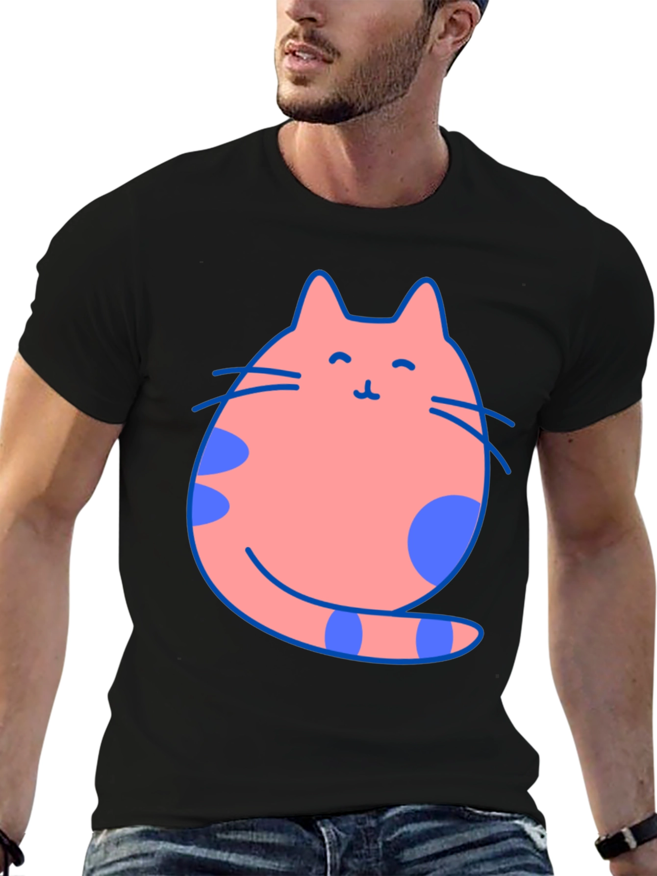 Cute Cat Graphic Tee - Black Cotton Blend