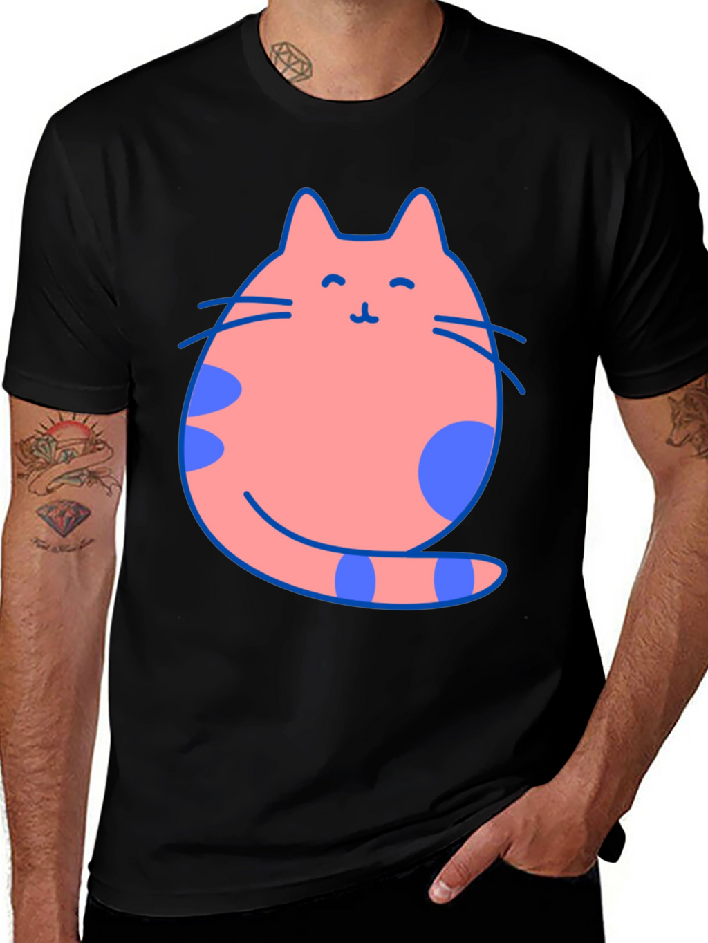 Cute Cat Graphic Tee - Black Cotton Blend