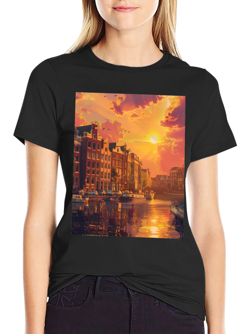 Amsterdam Sunset Graphic Tee - Black Crew Neck T-Shirt