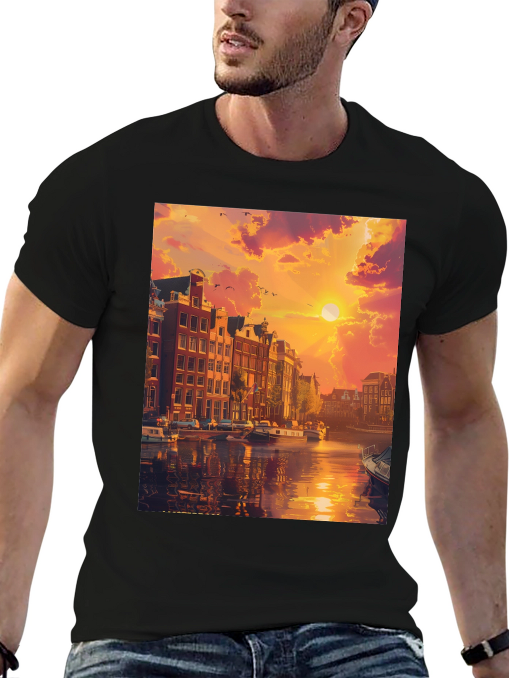 Amsterdam Sunset Graphic Tee - Black Crew Neck T-Shirt