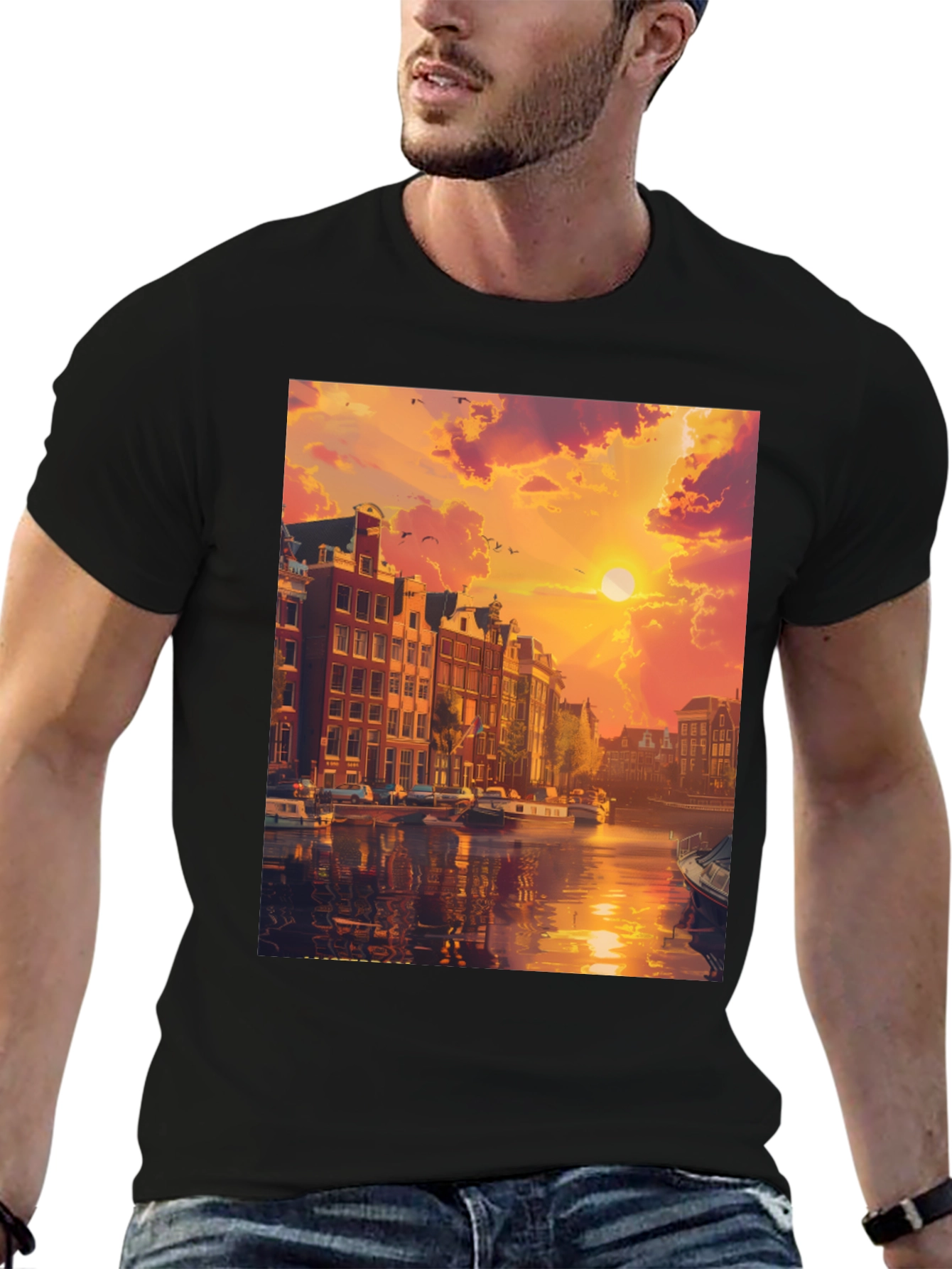 Amsterdam Sunset Graphic Tee - Black Crew Neck T-Shirt