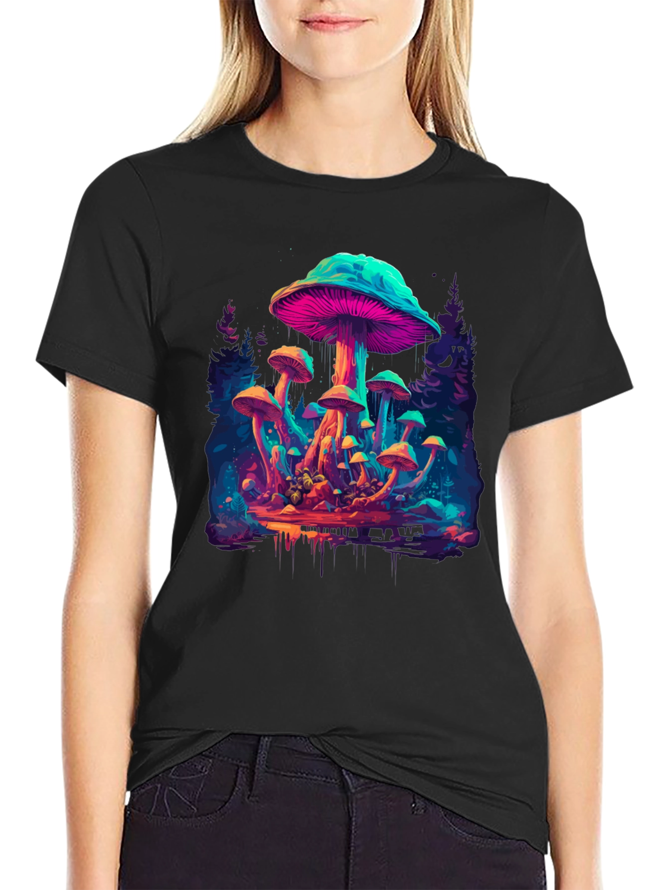 Psychedelic Mushroom Graphic T-Shirt - Colorful Fantasy Design