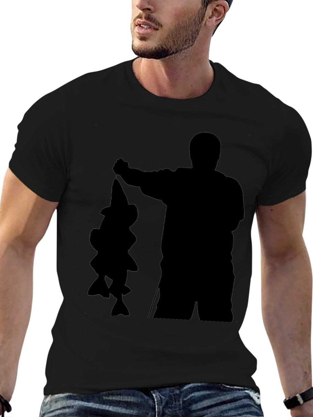 Fisherman Silhouette Graphic Tee - Black Cotton Blend Shirt