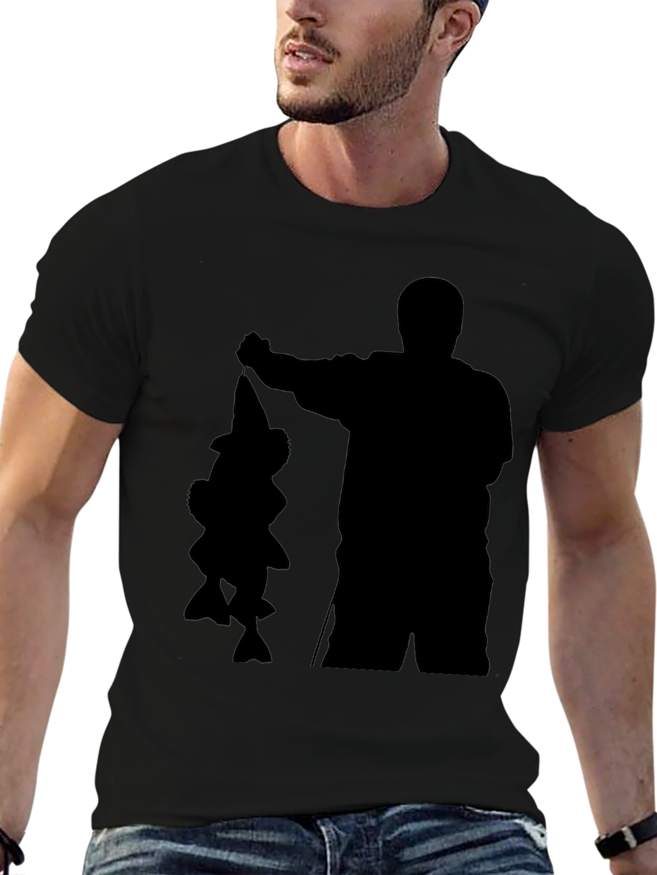 Fisherman Silhouette Graphic Tee - Black Cotton Blend Shirt