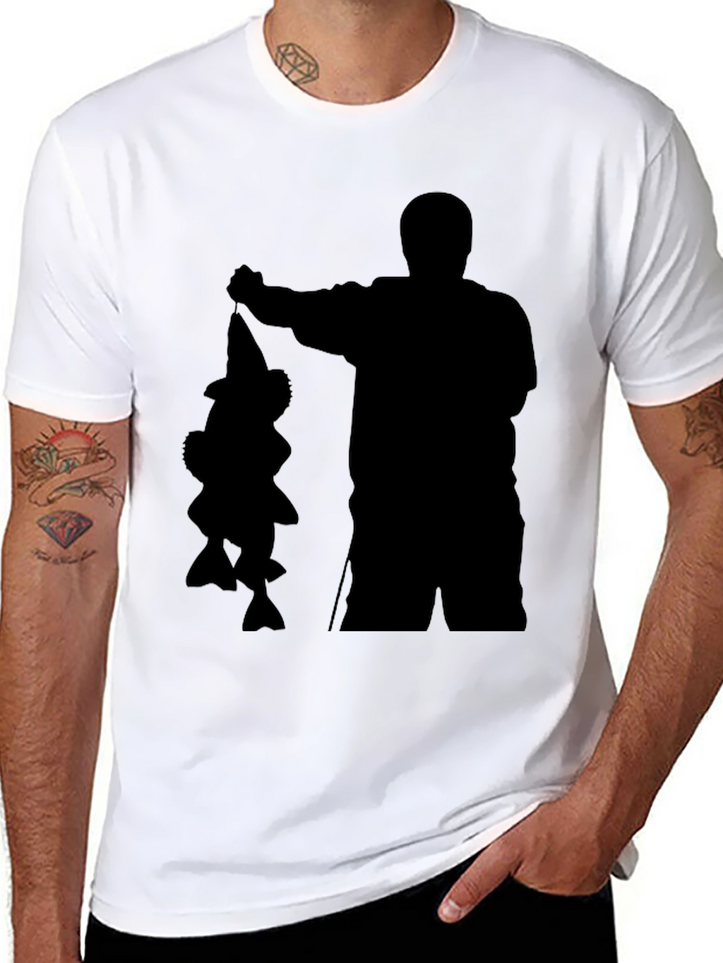 Fisherman Silhouette Graphic Tee - Black Cotton Blend Shirt