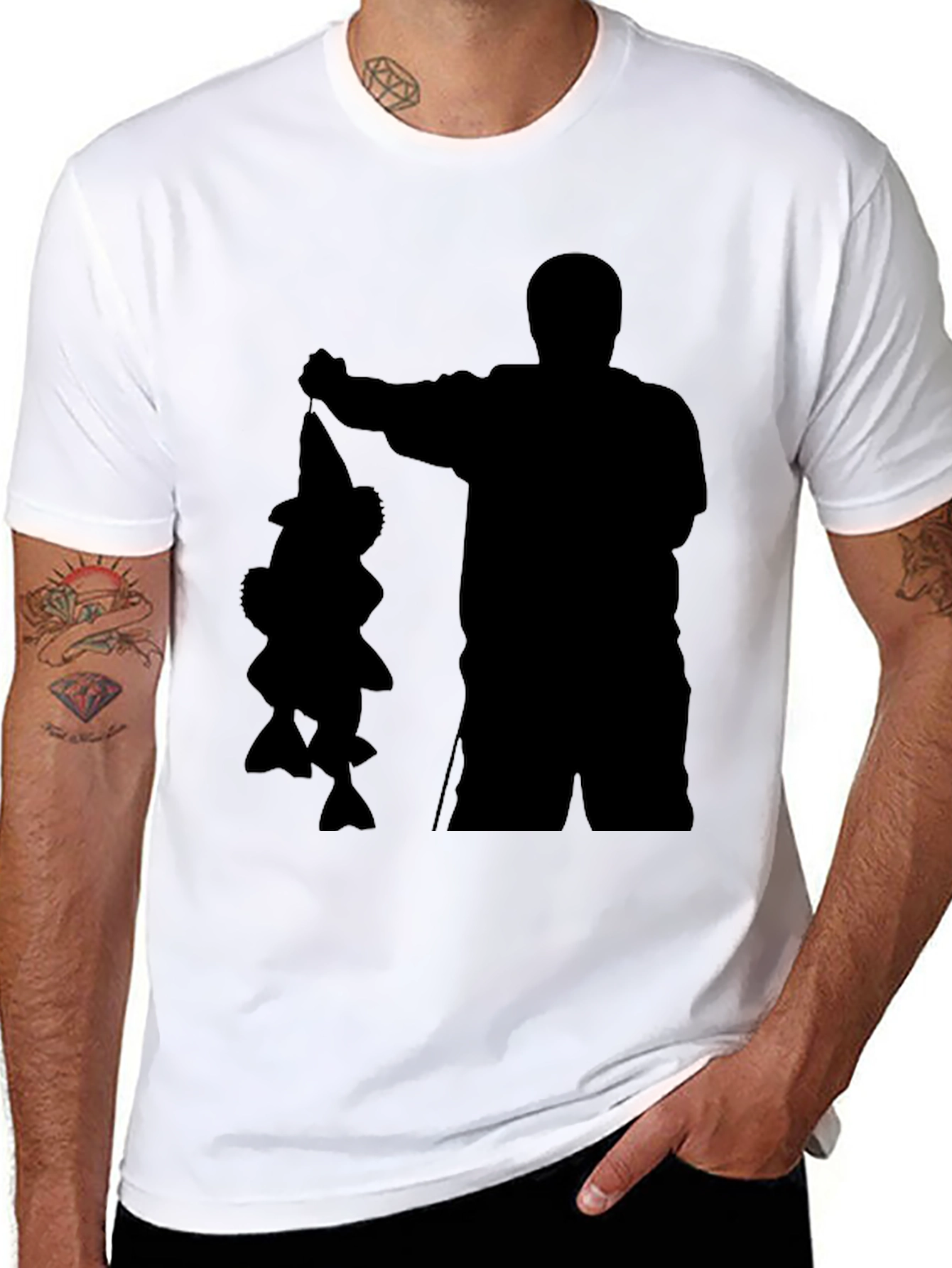 Fisherman Silhouette Graphic Tee - Black Cotton Blend Shirt