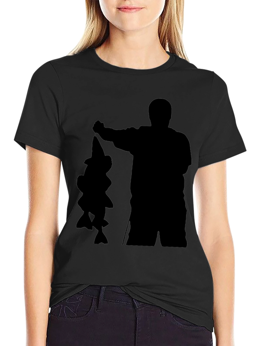 Fisherman Silhouette Graphic Tee - Black Cotton Blend Shirt