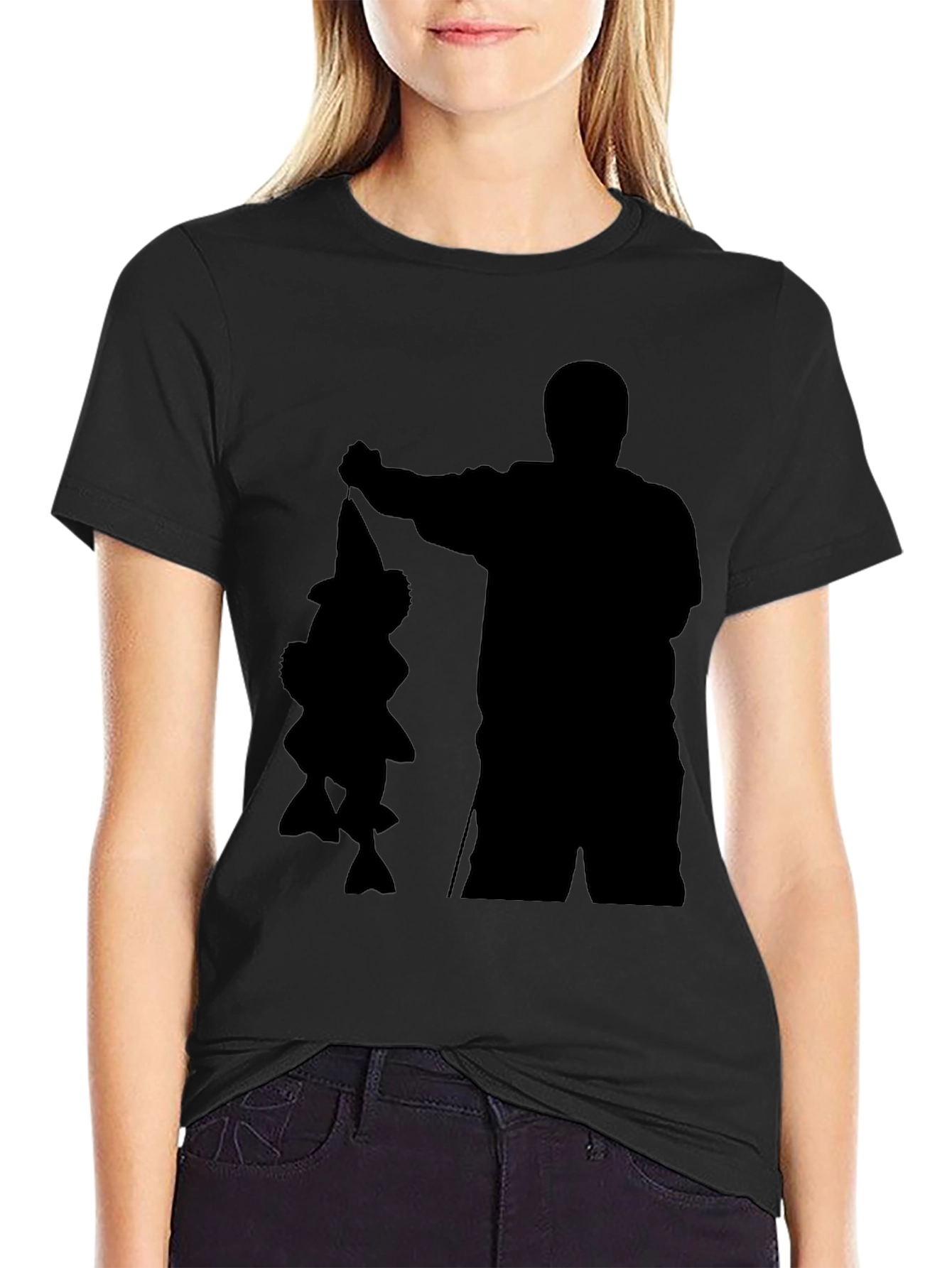 Fisherman Silhouette Graphic Tee - Black Cotton Blend Shirt