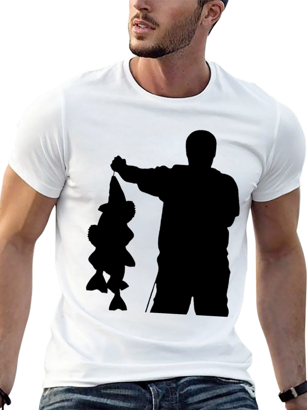 Fisherman Silhouette Graphic Tee - Black Cotton Blend Shirt