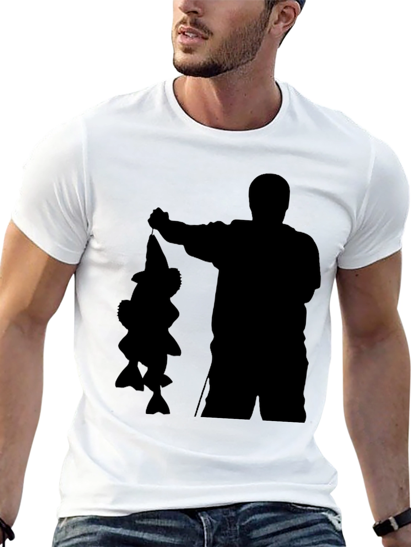 Fisherman Silhouette Graphic Tee - Black Cotton Blend Shirt