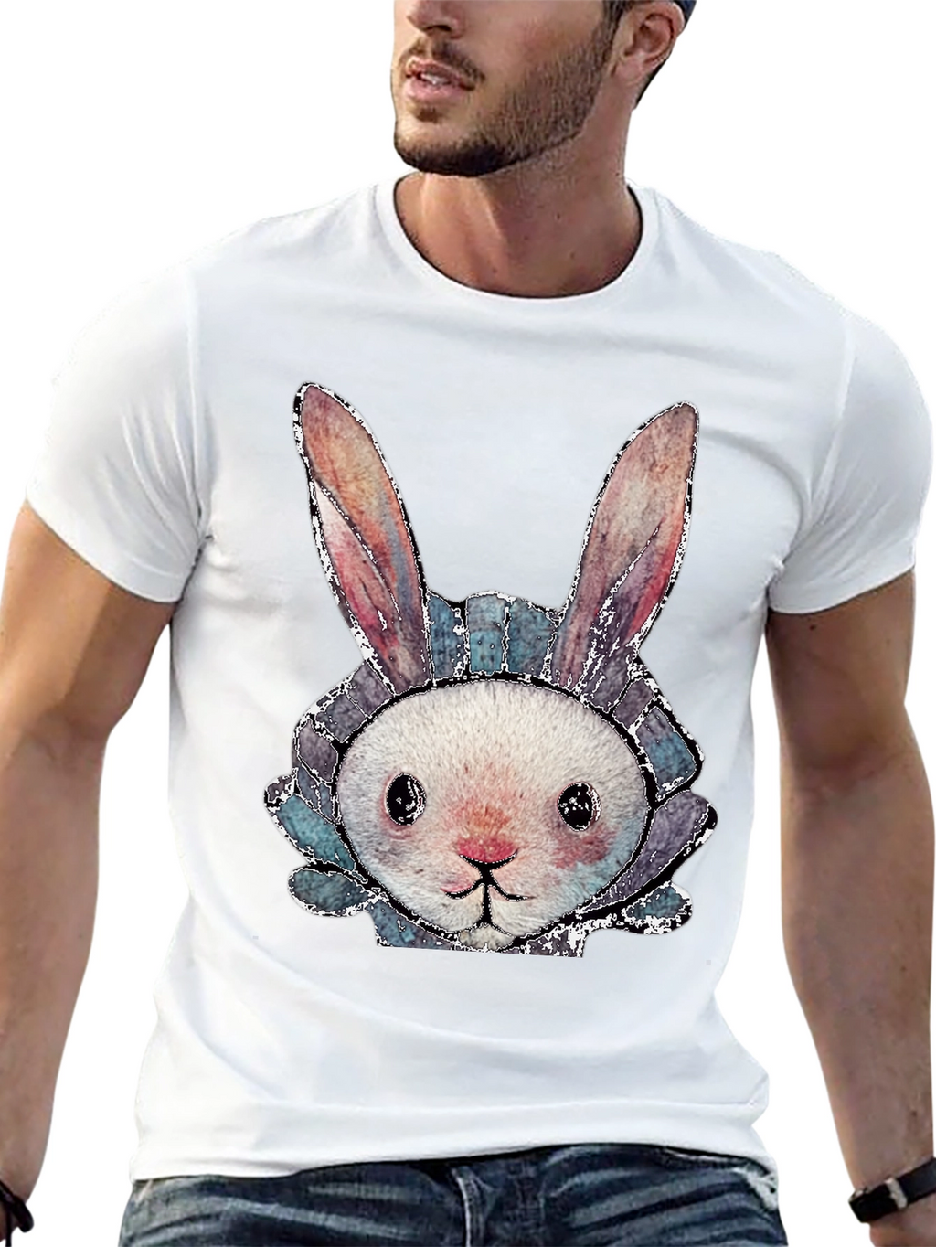 Cute Bunny Graphic Tee - Black Cotton Casual Shirt