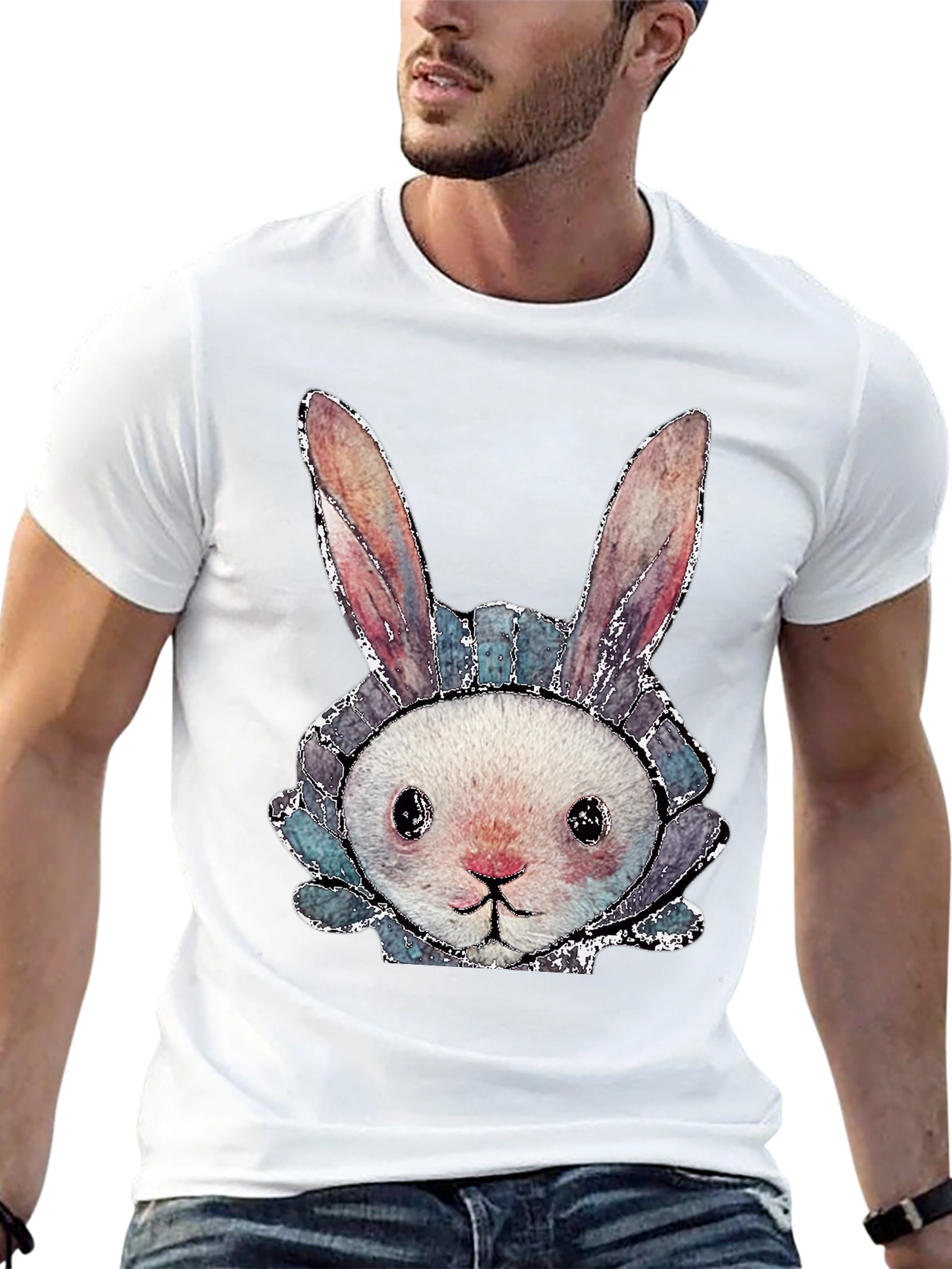 Cute Bunny Graphic Tee - Black Cotton Casual Shirt