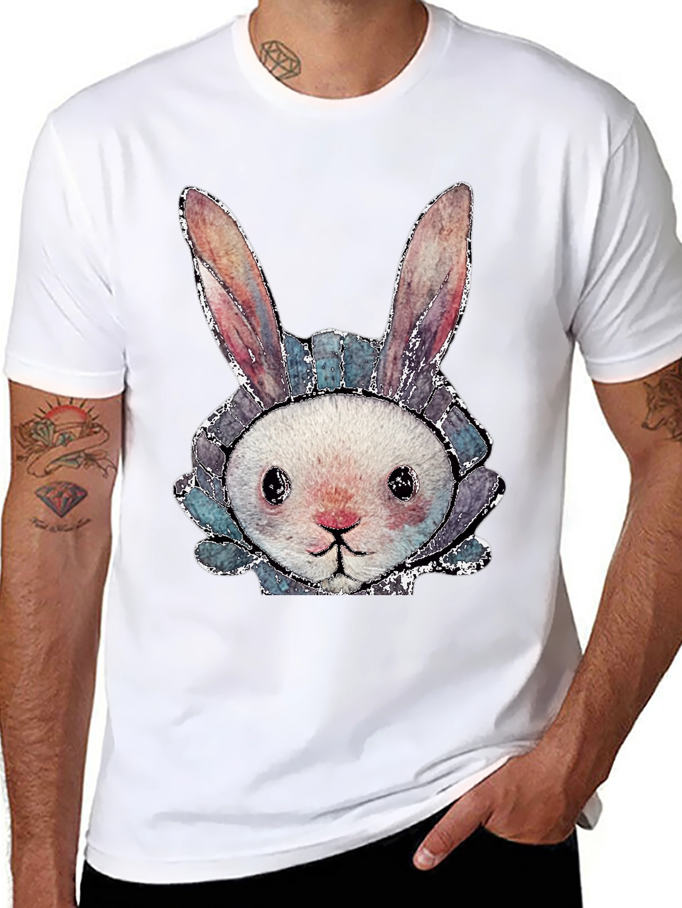 Cute Bunny Graphic Tee - Black Cotton Casual Shirt