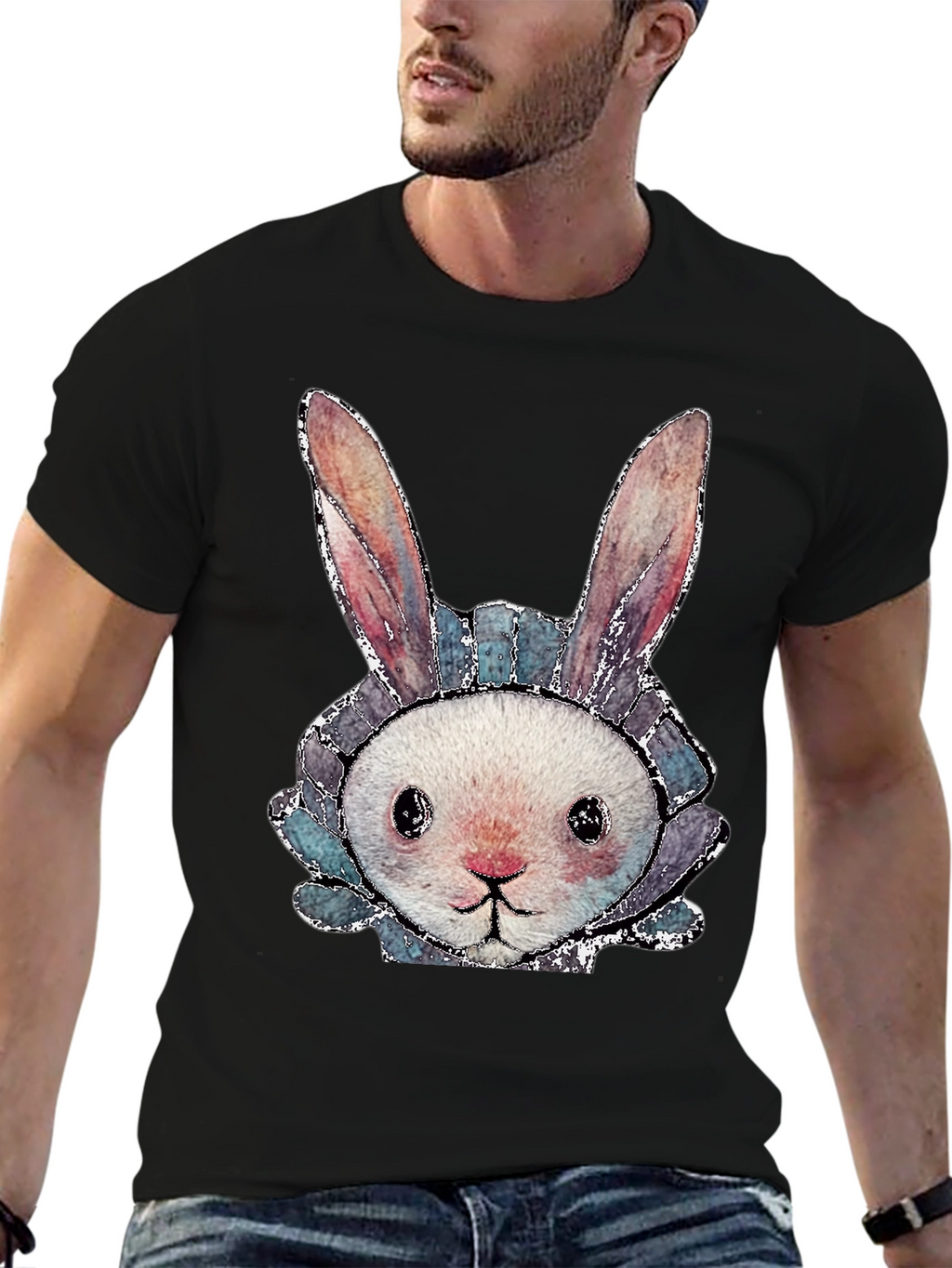Cute Bunny Graphic Tee - Black Cotton Casual Shirt