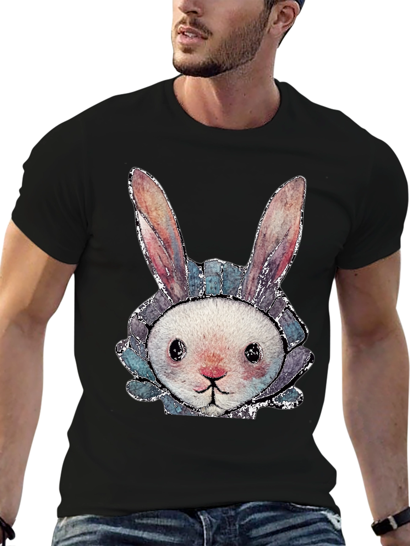 Cute Bunny Graphic Tee - Black Cotton Casual Shirt