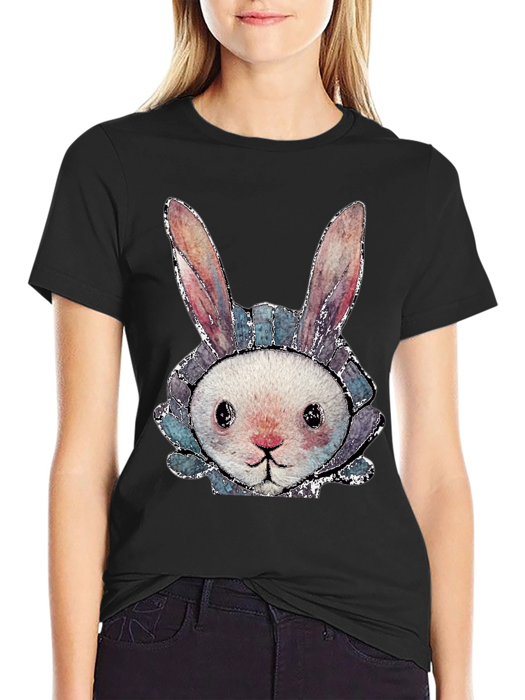 Cute Bunny Graphic Tee - Black Cotton Casual Shirt