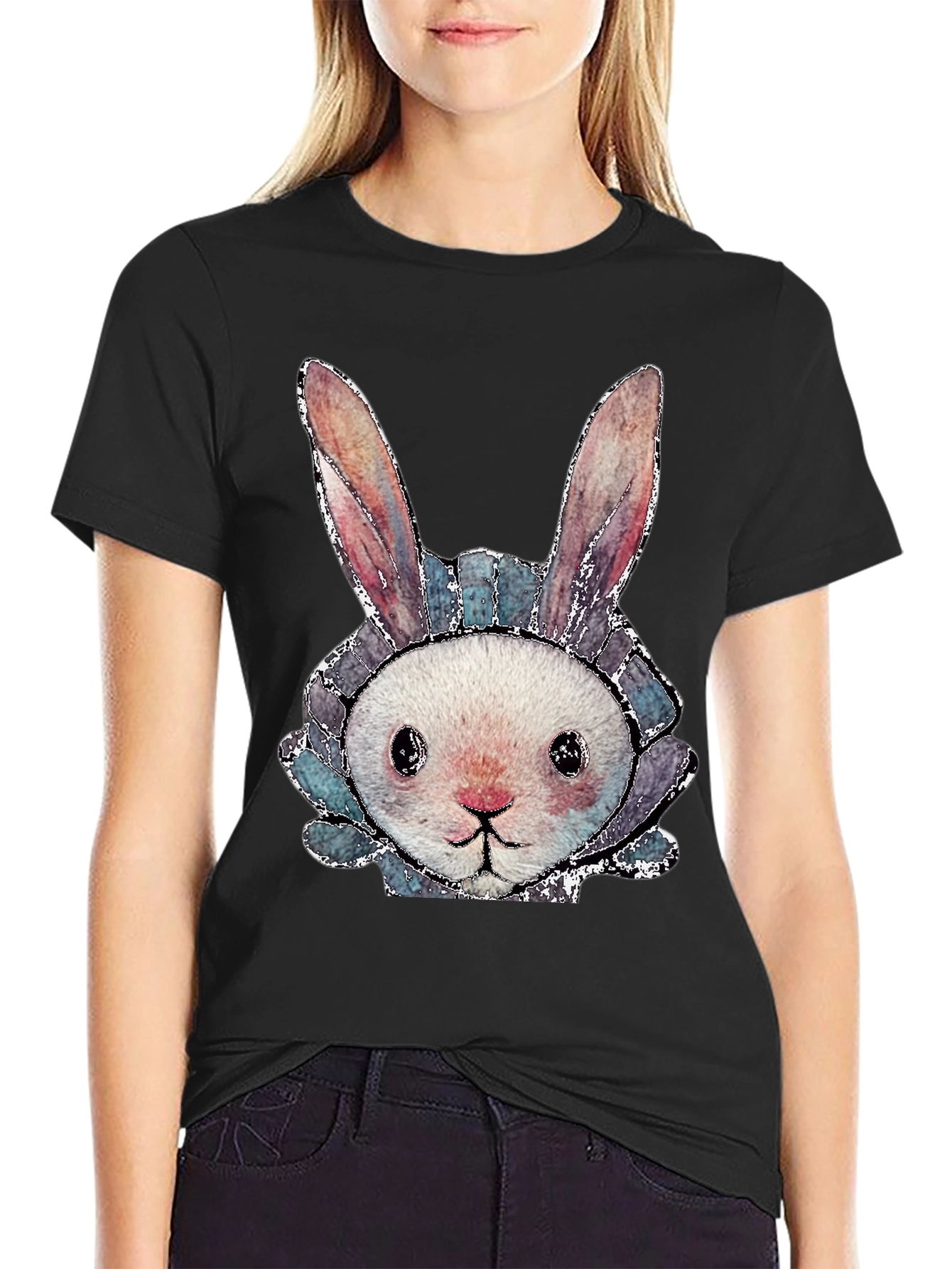 Cute Bunny Graphic Tee - Black Cotton Casual Shirt