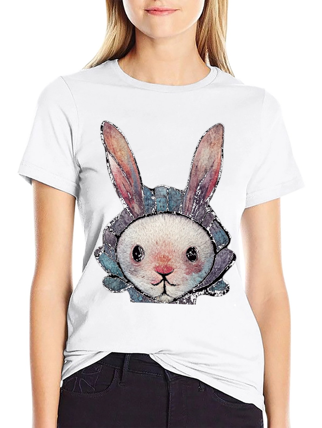 Cute Bunny Graphic Tee - Black Cotton Casual Shirt