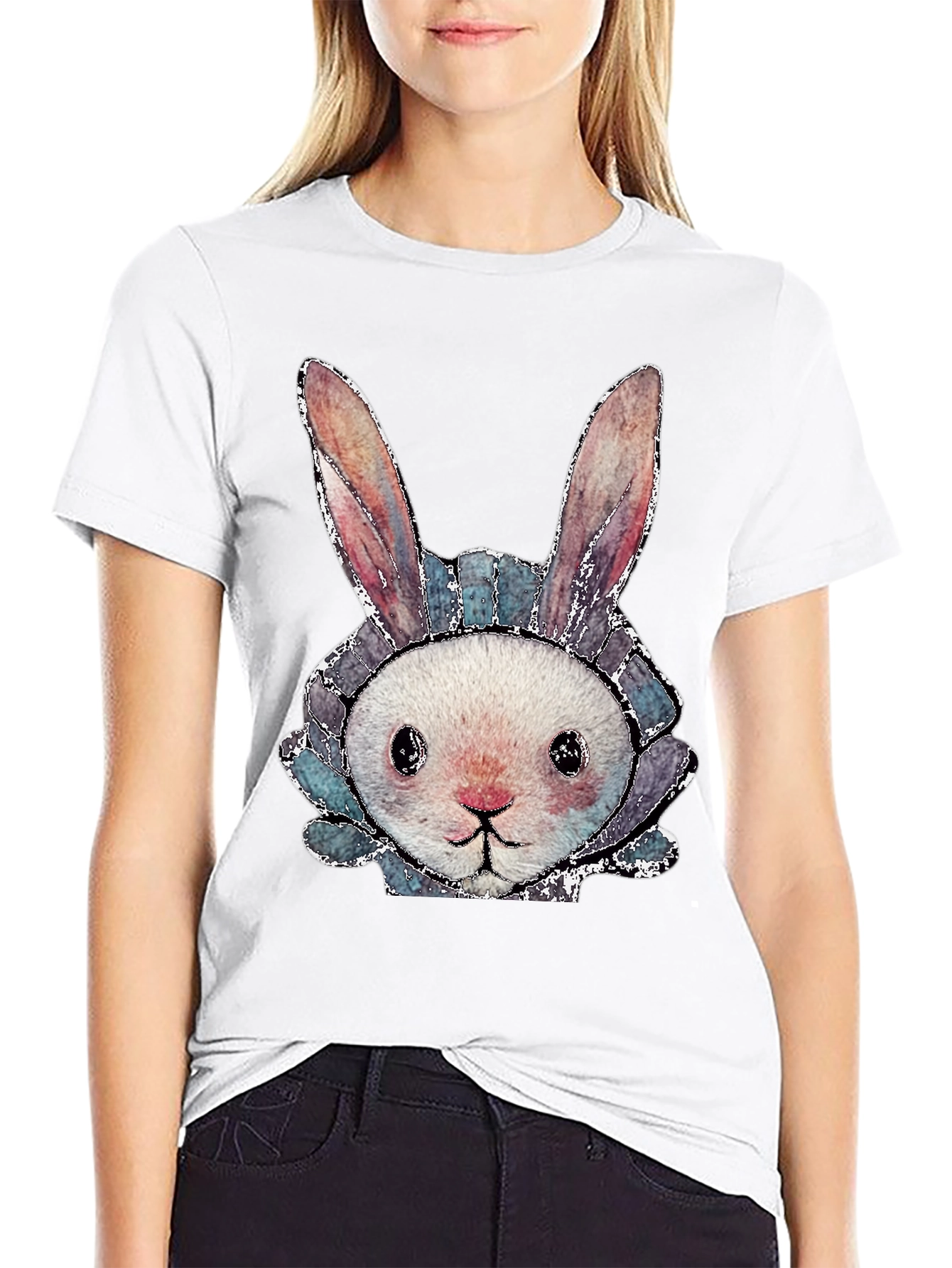 Cute Bunny Graphic Tee - Black Cotton Casual Shirt