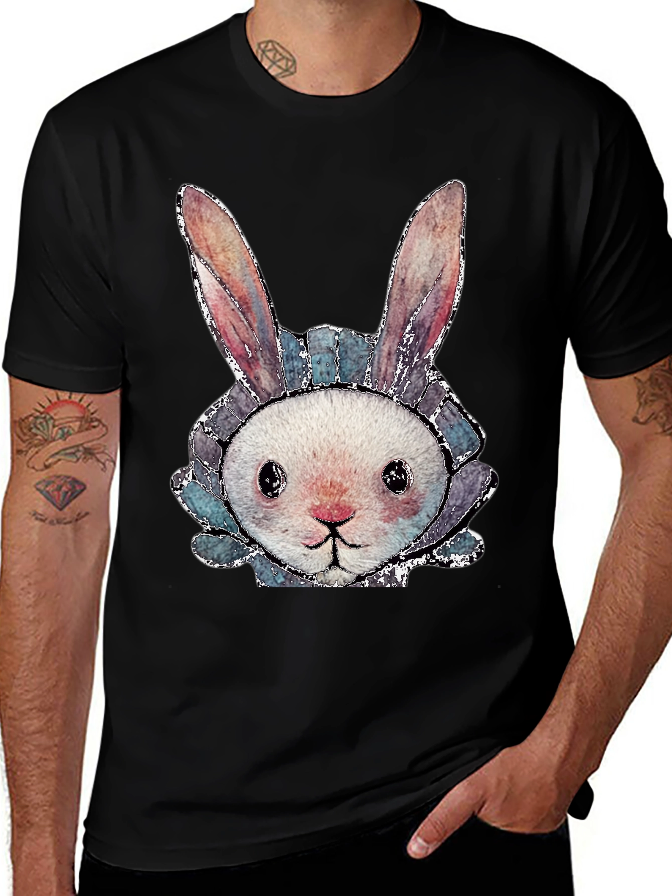Cute Bunny Graphic Tee - Black Cotton Casual Shirt