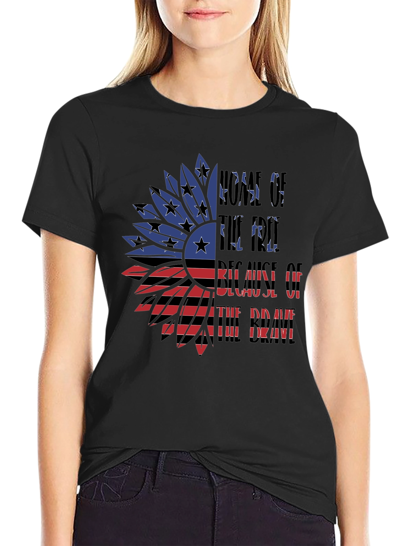 Patriotic American Flag Sunflower Graphic T-Shirt