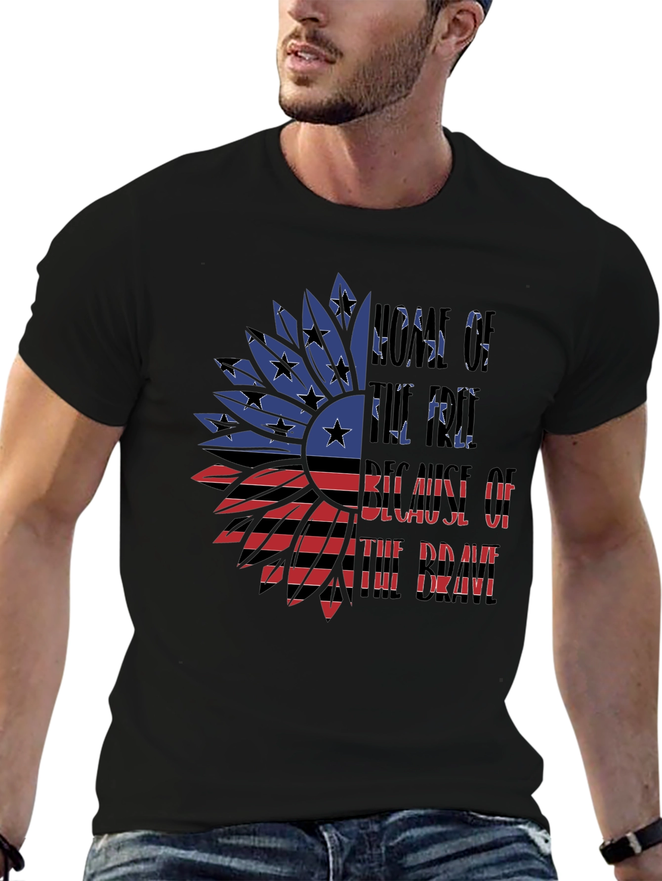 Patriotic American Flag Sunflower Graphic T-Shirt