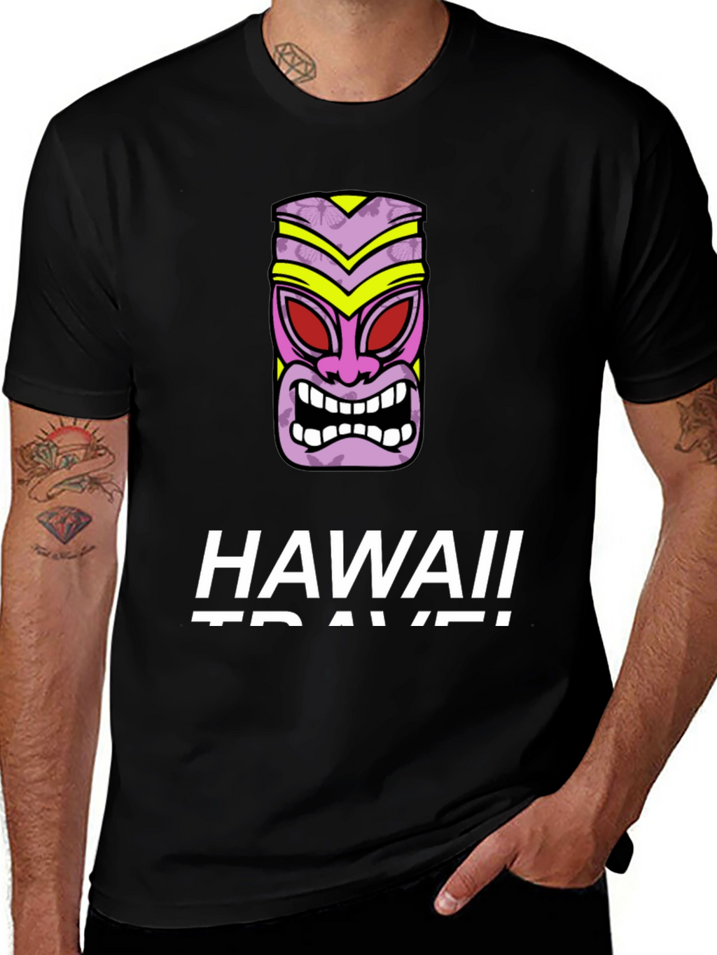 Hawaii Travel Black T-Shirt with Tiki Mask Graphic