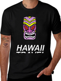 Hawaii Travel Black T-Shirt with Tiki Mask Graphic