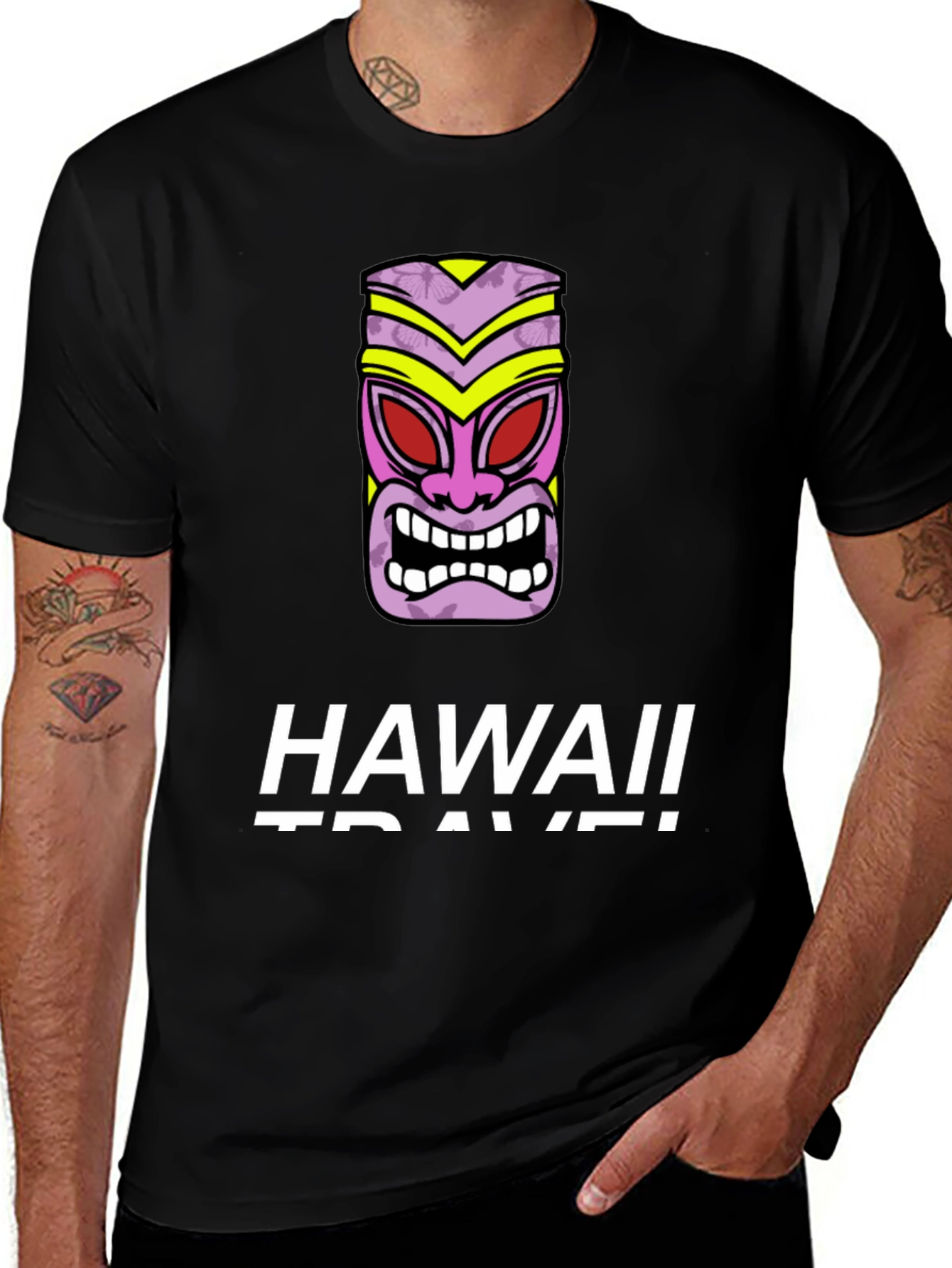 Hawaii Travel Black T-Shirt with Tiki Mask Graphic