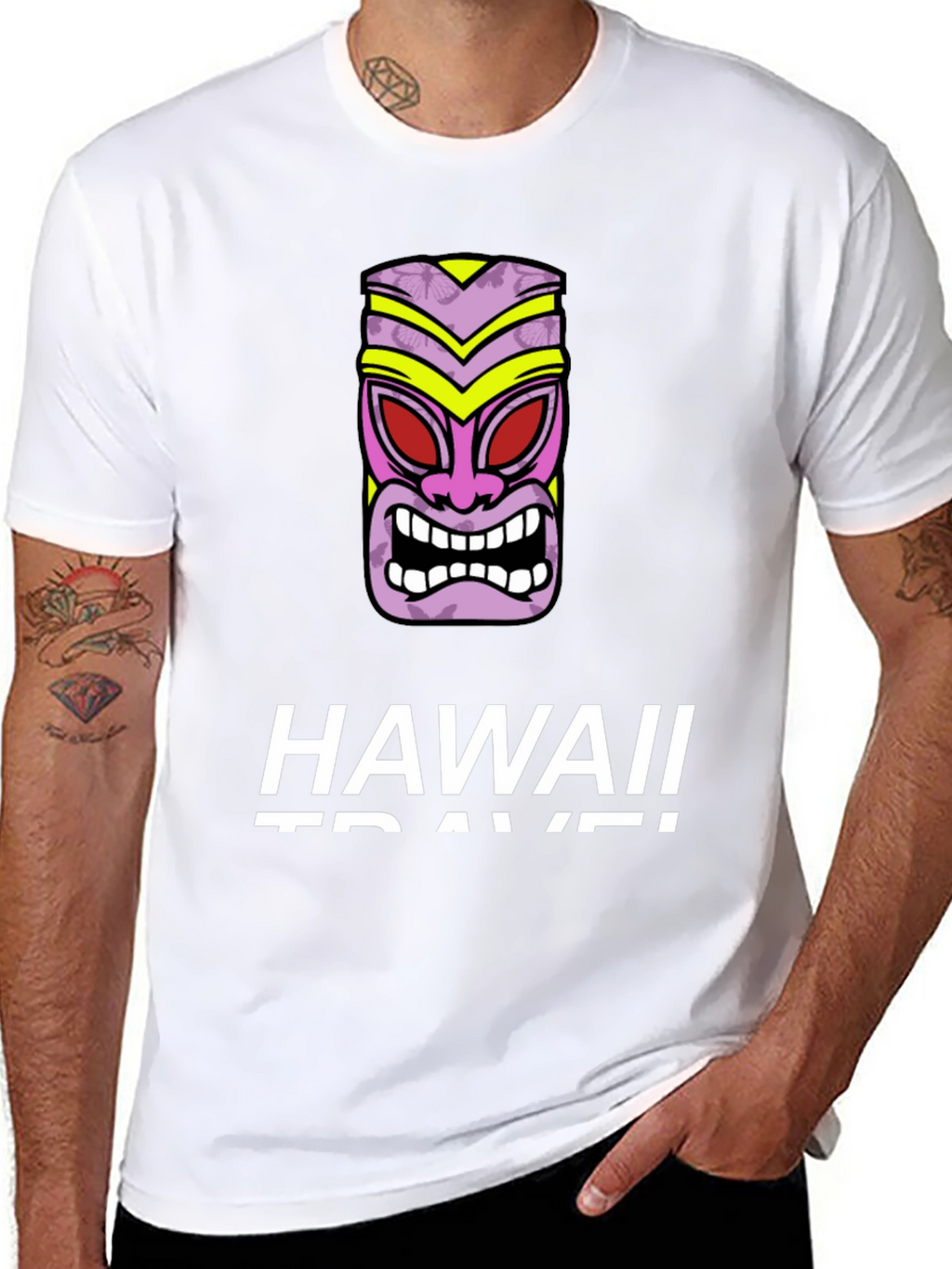 Hawaii Travel Black T-Shirt with Tiki Mask Graphic