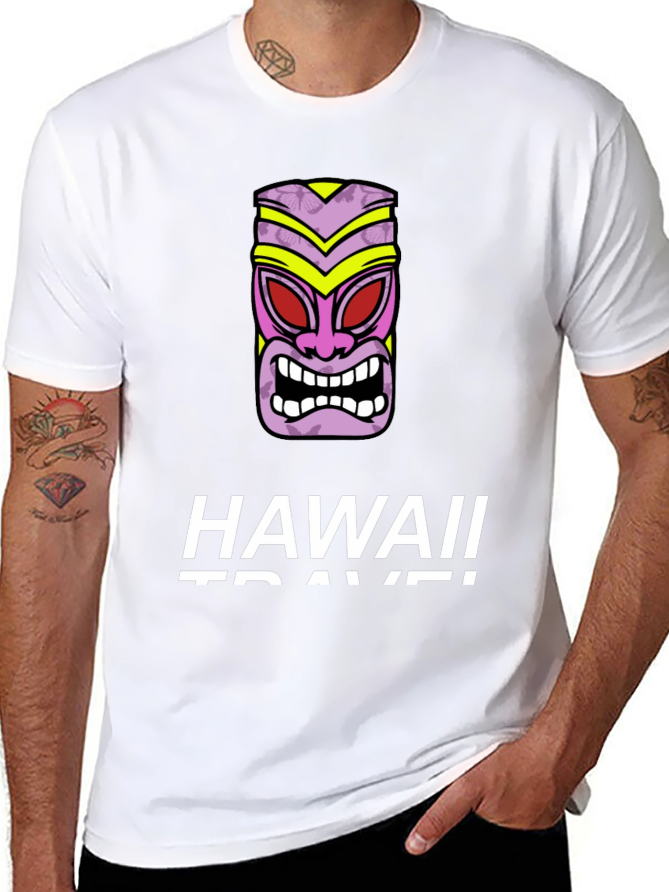 Hawaii Travel Black T-Shirt with Tiki Mask Graphic