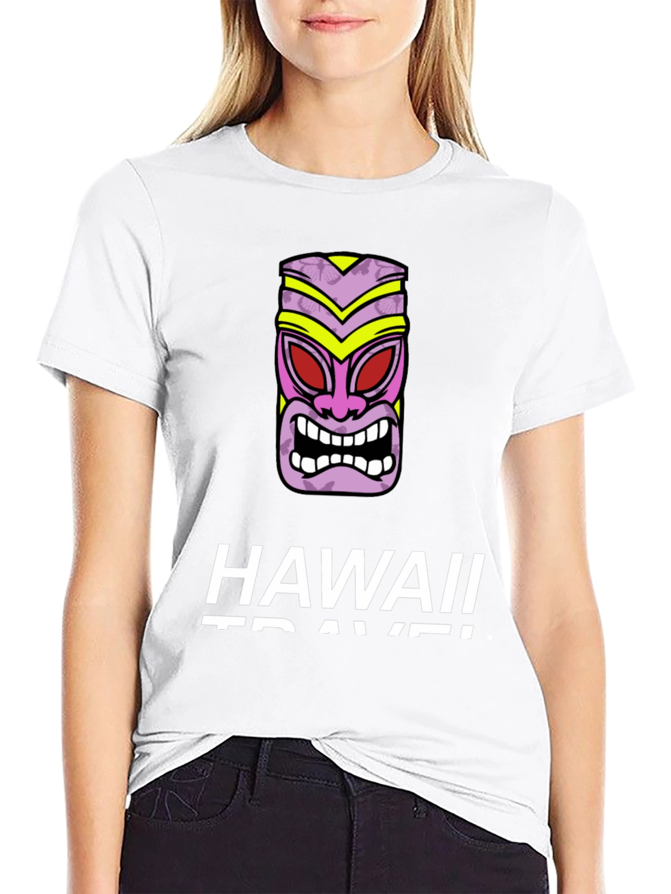 Hawaii Travel Black T-Shirt with Tiki Mask Graphic