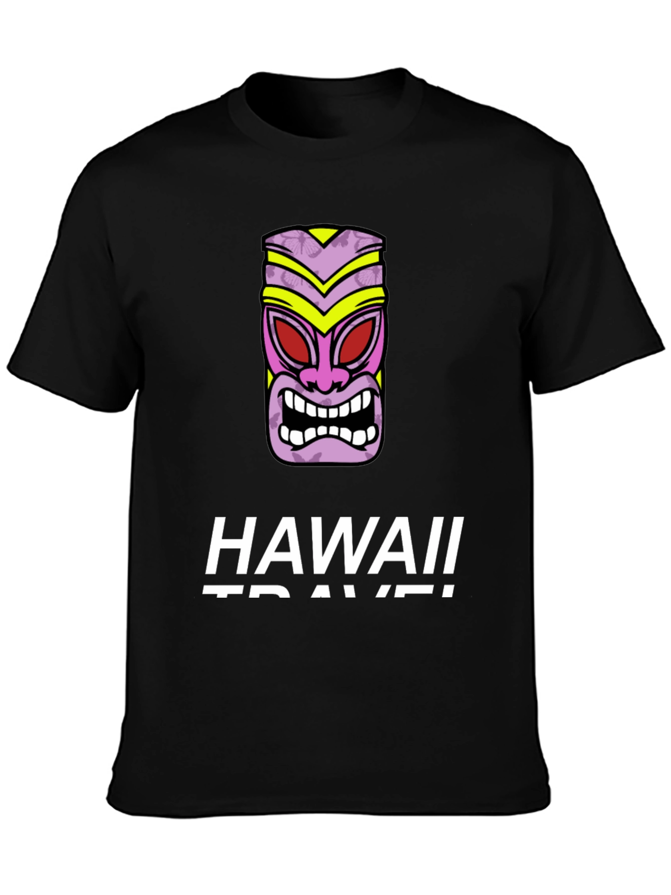 Hawaii Travel Black T-Shirt with Tiki Mask Graphic