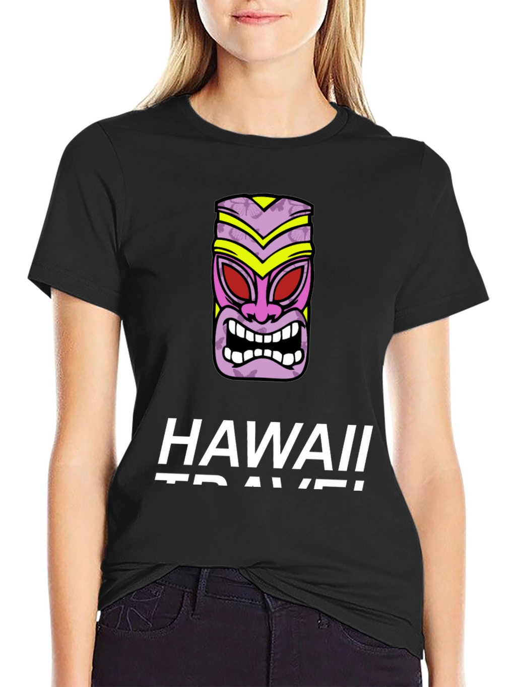 Hawaii Travel Black T-Shirt with Tiki Mask Graphic
